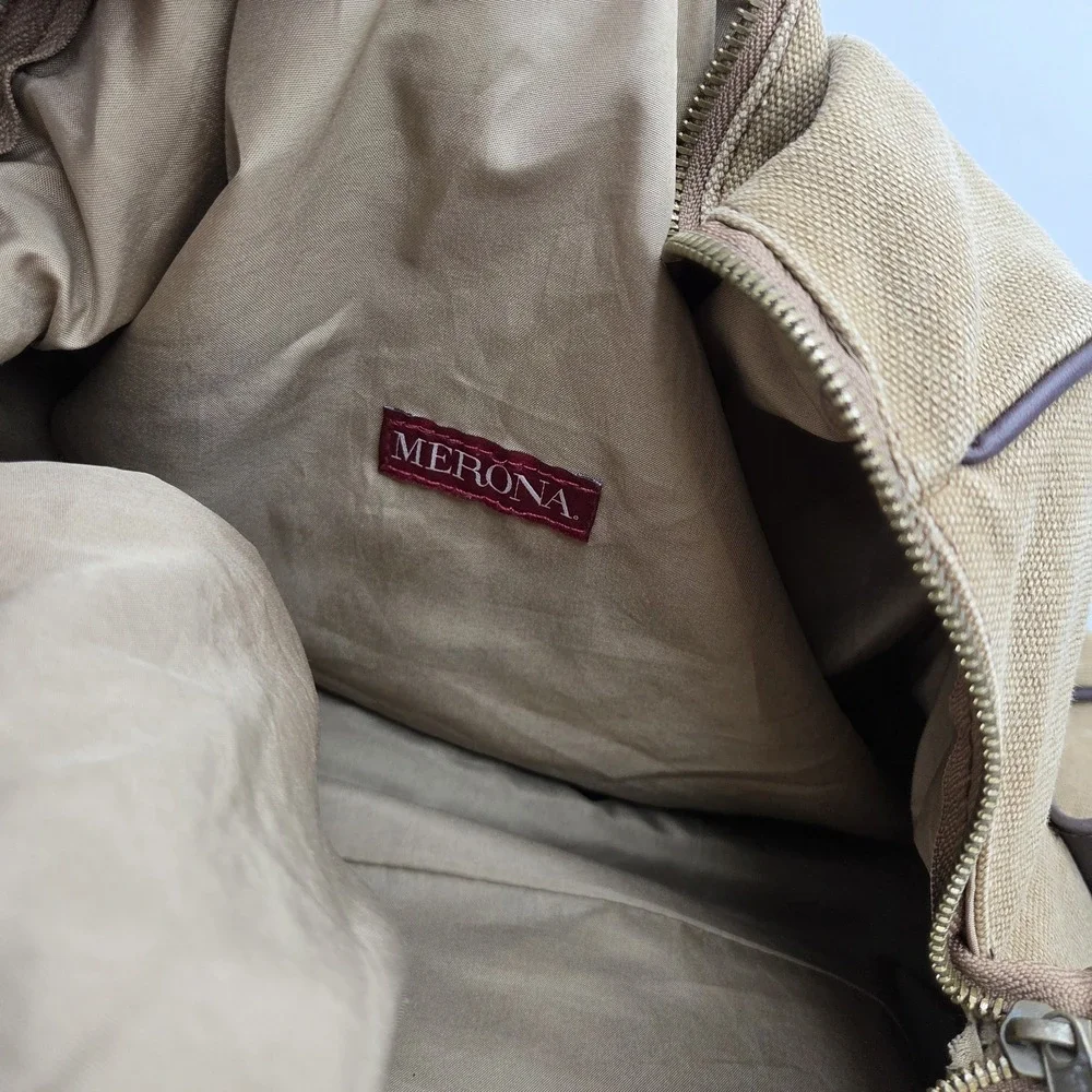 Merona Canvas‎ Duffel Bag Brown Tan Faux Leather Weekender Travel Gym